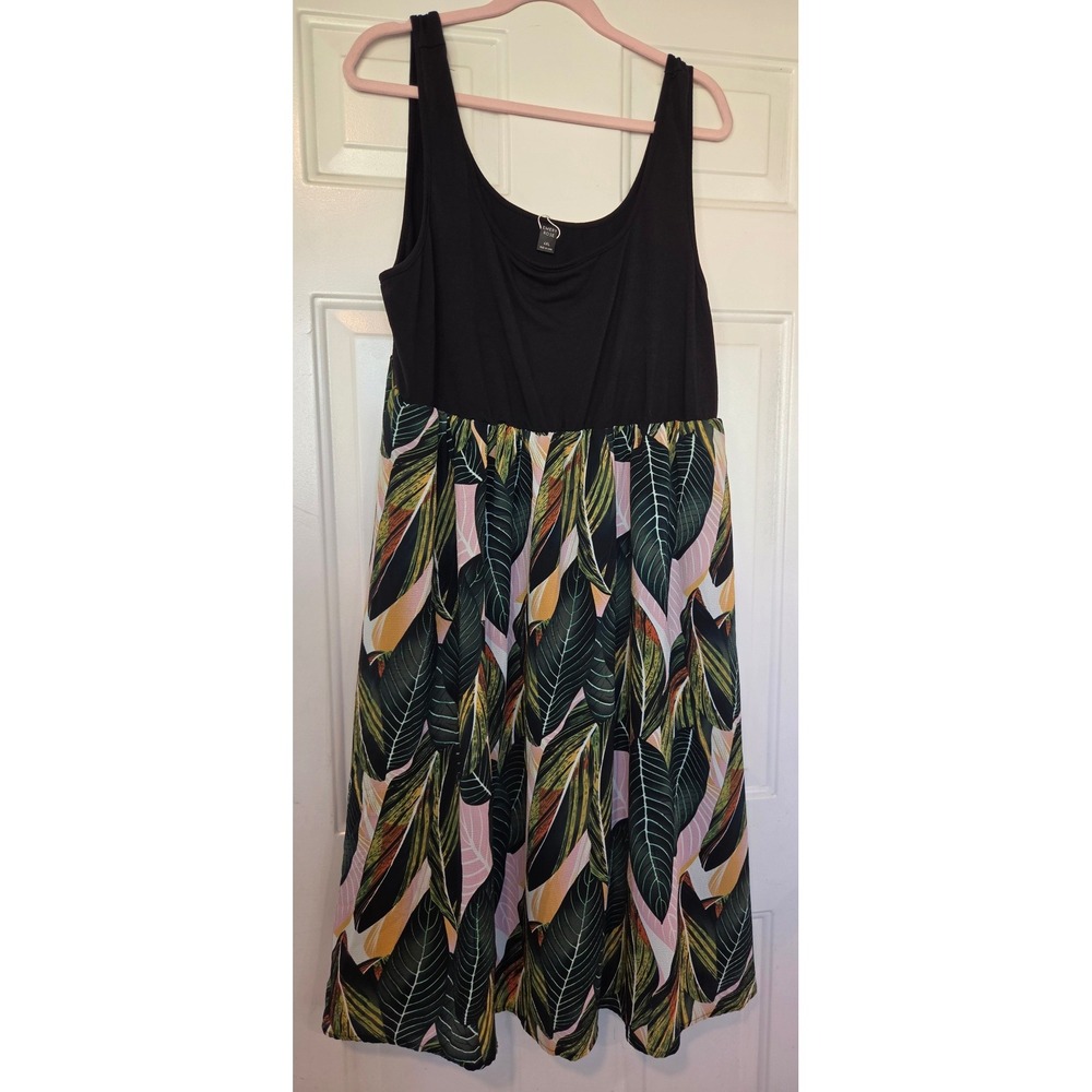 Emery Rose Women Plus Size 4XL Tropical Leaf Print Scoop Neck Midi Dress Black